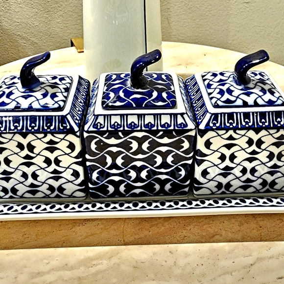 Bombay Other - Bombay Blue and White Ceramic Condiment Canister Set W Tray